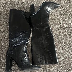 Black Croc-Embossed Knee-High Boots